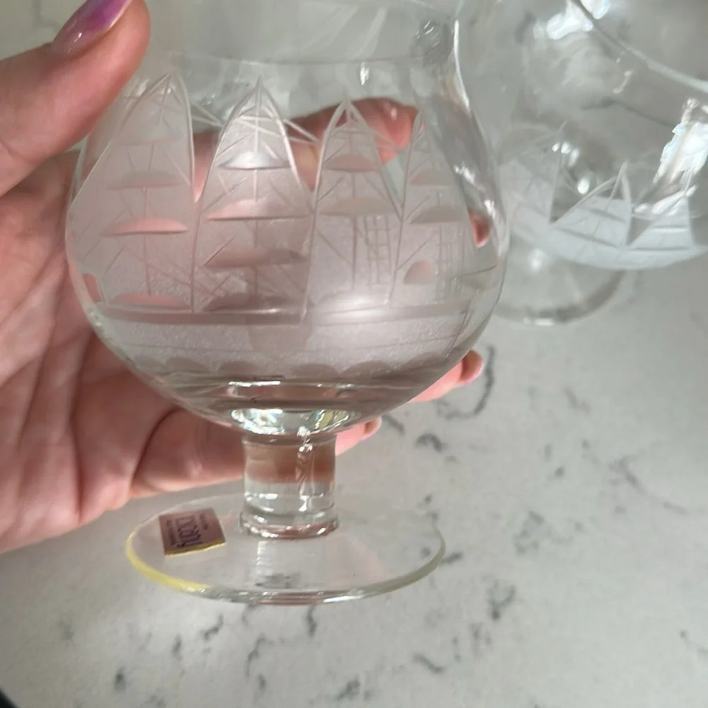 Vintage 4 Brandy Cognac Snifters Etched Cut Clipper Ship Toscany hand blown
